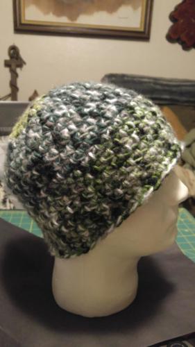Crochet Hat, Single layer, greys and black, blue stripes. $20