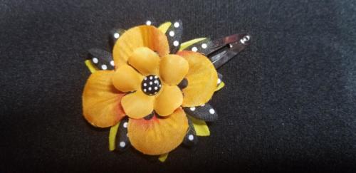 Flower Barrette Orange/Black and White Polka Dot Center